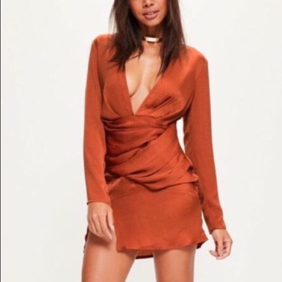 Missguided Dresses & Skirts - Silky Orange Missguided Dress w/ Plunging Neckline